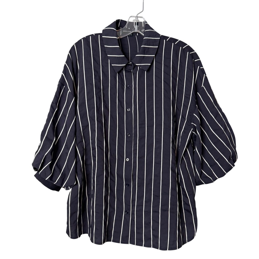 English Factory Pinstripe Shirt Womens M Navy Blue Puff Sleeve Oversized Boxy